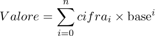 \[ {Valore} = \sum_{i=0}^{n} cifra_i \times \text{base}^i \]