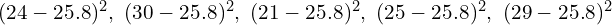  (24 - 25.8)^2, \ (30 - 25.8)^2, \ (21 - 25.8)^2, \ (25 - 25.8)^2, \ (29 - 25.8)^2 