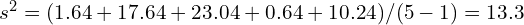  s^2 = (1.64 + 17.64 + 23.04 + 0.64 + 10.24) / (5 - 1) = 13.3 